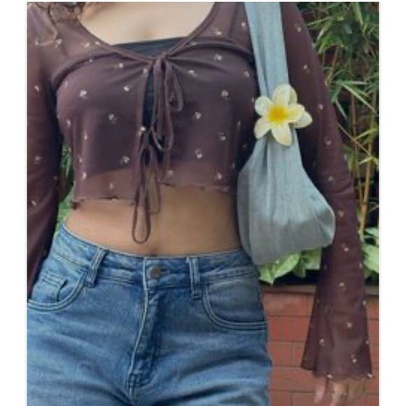 Fairy Y2K Grunge Hippie Floral Print Tie Front Mesh Top Size XXS Long Sleeve.  Z - Picture 1 of 7